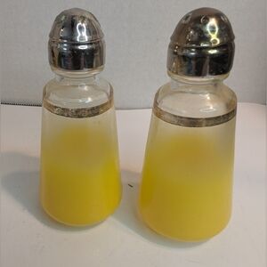 Anchor Hocking 1960's Yellow Blendo Salt & Pepper Gold Band Trim Frosted Glass